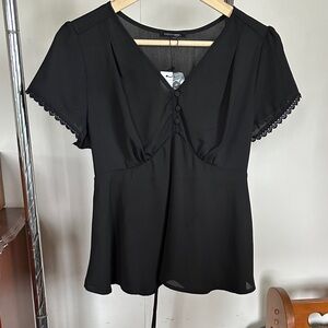 NWT Papermoon Black Short Sleeve Blouse with Tie Covered Buttons Detail Lace S